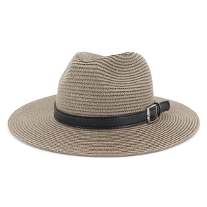 Detailed close-up of straw fedora hat with black leather band and silver buckle