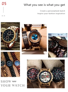 Vue détaillée de montres chronographes en bois naturel de noyer et de zébrano fait main