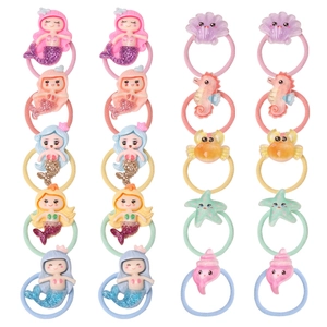 Kids Hair Ties Mermaid Seahorse Ocean Animal Resin Charms Elastic Ponytail Holders For Baby Girls Sweet Accessories