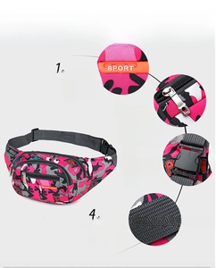Macro view of camouflage waist bag with smooth zipper, durable buckle and sport logo