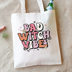 Borsa Tote in Tela di Halloween per Donna Stampa Spooky Witch Vibes Borsa da Shopping a Spalla Riutilizzabile Borsa a Mano Casuale per Feste