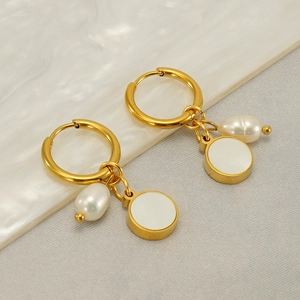 18K Gold Plated Stainless Steel Hoop Earrings With Natural Artificial Pearl And White Round Shell Charms Geometric Jewelry Women