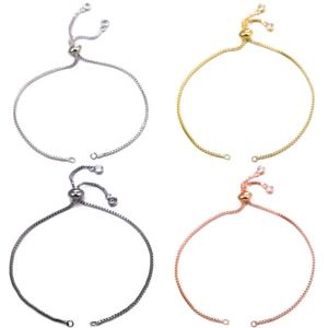 Detail showing adjustable box chains in silver, gold, gun black, and rose gold finishes