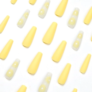 Matte yellow long coffin press-on nails set with fresh daisy floral patterns on white