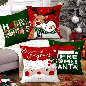 Lot de 4 housses de coussin de Noël avec imprimés Père Noël et renne en peluche courte