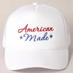White American Made embroidered trucker hat with breathable mesh and foam front design
