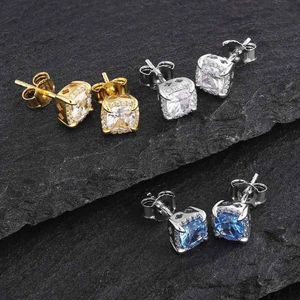 Hip hop square-cut zircon stud earrings in gold, silver, and blue finishes