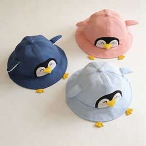 Cute cartoon penguin baby bucket hat for toddlers in pink, blue and navy colors