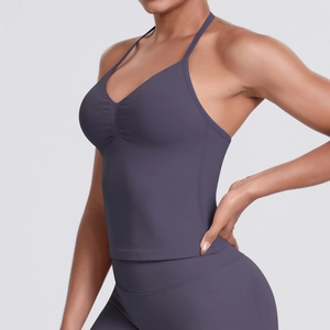 Close-up of deep purple seamless V-neck sports camisole with pleated chest details