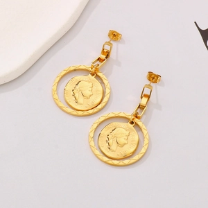 Vintage gold portrait coin earrings with textured plaid hoops in premium titanium steel