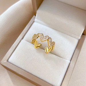 Adjustable gold heart ring with micro-paved cubic zirconia stones for women