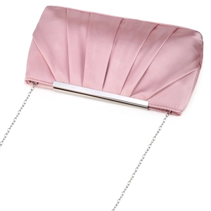 Detail showing the pleated pink satin texture and elegant silver metal frame of the evening bag