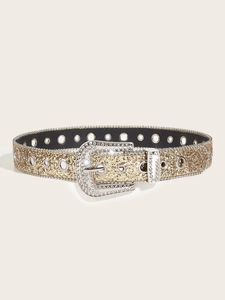 Detail of gold glitter belt with sparkling silver rhinestone buckle and metal eyelets