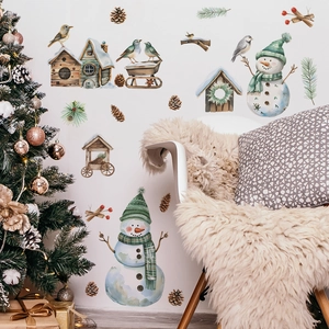 Watercolor Christmas wall stickers with snowmen, birds and pinecones for living room decor