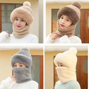 Winter faux fur neck gaiter hooded cap set in beige, brown and grey colors for women