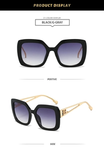 Details einer quadratischen Sonnenbrille mit Verlaufsgläsern und hohlem Metallbügel