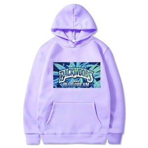 Close-up of Backwoods and Blue Dream art print on light purple cotton hoodie
