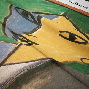 Close-up of cubist art tapestry fabric texture with high-quality canvas grain and print