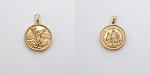 Detailed macro view of 18K gold plated coin pendant showing both front and back relief