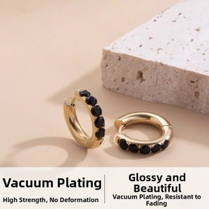 Detail of 18K gold-plated geometric earrings with black zircon insets and vacuum plating