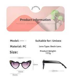 Detailed size specifications and material parameters for heart-shaped children's sunglasses