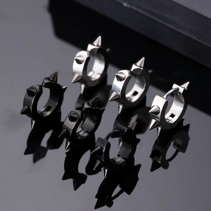 Punk style stainless steel rivet hoop earrings in black and silver finishes