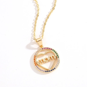 Golden heart MOM necklace with colorful crystals and rainbow zircon pendant for women