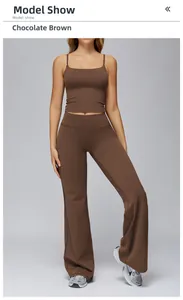 Detail of chocolate brown square neck tank top and high waisted flare yoga pants set