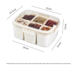 Detailed dimensions of a multi-compartment spice storage box with clear lid