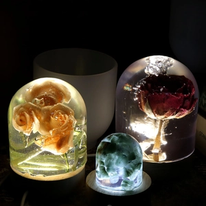 Detailed view of resin night lights with dried flowers and warm LED wood base lighting