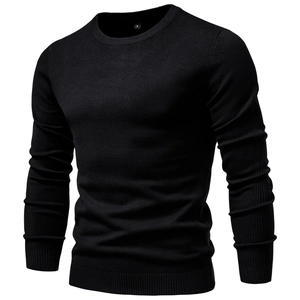 Ghost mannequin shot of men's black knit sweater showing round neck and fabric texture