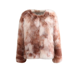 Detailed texture of round neck faux fur coat in brown and white mottled pattern