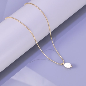 French vintage style stainless steel gold beaded necklace with a natural pearl pendant