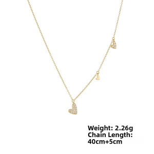 Detail view of gold heart necklace weighing 2.26g with 45cm chain and cubic zirconia stones