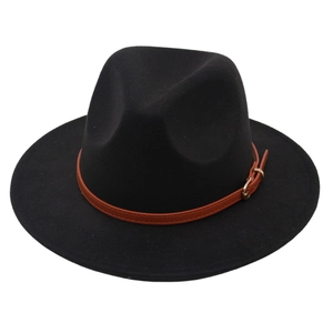 Classic black felt fedora hat with brown leather belt buckle for men and women