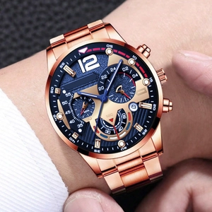 Modische Herrenuhr in Roségold mit blauem Multi-Zifferblatt und Edelstahlarmband