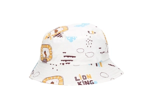 Detailed view of white cotton kids bucket hat with lion king print and cartoon pattern