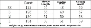 Size chart for bomber jacket and pleated pants set with measurements in centimeters