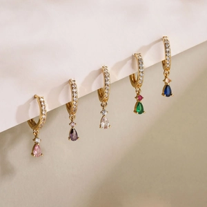 Boucles Oreilles Pendantes Huggie Cuivre Plaqué Or Micro Pavé Zircon Goutte Eau Cristal Coloré Bijoux Mode Femmes