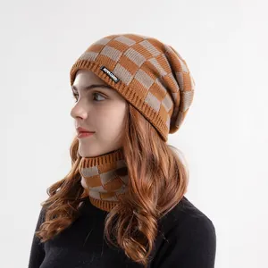 Women's winter knit beanie and neck warmer set with brown checkerboard pattern