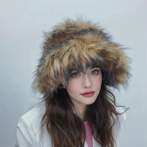 Detailed texture of thick long-hair faux fur bucket hat in mixed brown and black colors
