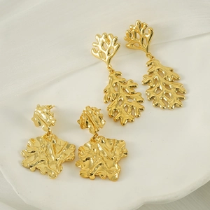 Vintage Irregular Lava Leaf Drop Earrings For Women 304 Stainless Steel 18K Gold Plated Abstract Wrinkled Jewelry