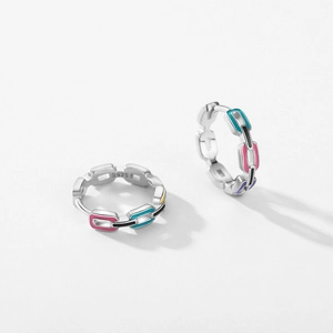 S925 sterling silver geometric chain earrings with colorful pink, blue and yellow enamel