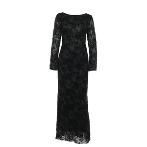 Elegant black long-sleeve burnout lace maxi dress with backless design for women