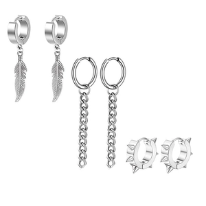 Detailed set of silver stainless steel earrings featuring feather tassels and long chains