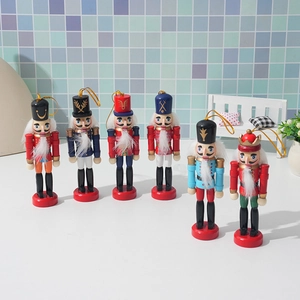Set of 6 wooden Christmas nutcracker soldier ornaments with glitter finish and gold strings