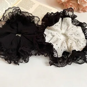 Lot de grands chouchous élégants en dentelle noir et blanc à pois au style rétro français