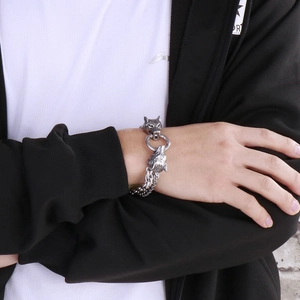 Mens vintage double wolf head woven bracelet in silver grey stainless steel