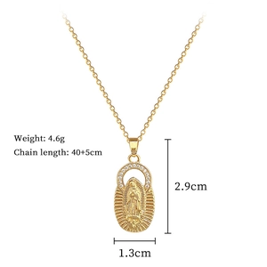 Detailed dimensions of gold titanium steel virgin mary necklace with zircon inlay