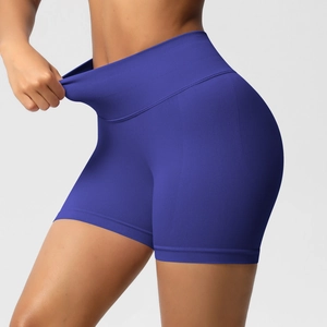 Détails d'un short de sport bleu marine sans couture à taille haute extensible